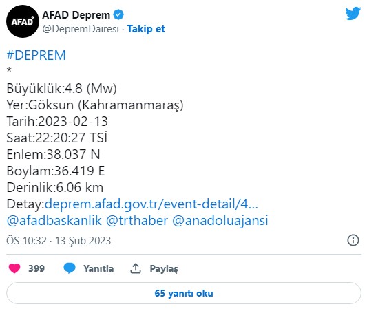 AFAD: Kahramanmaraş'ta 4.8 büyüklüğünde deprem meydana geldi